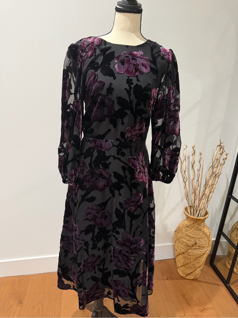 Eliza J Black Sheer Velvet Burnout Midi Dress with Purple Floral